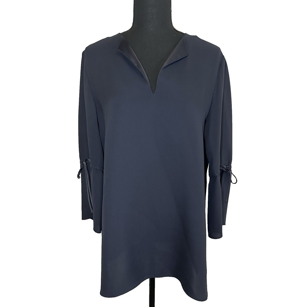 LaFayette 148 New York Sela 100% Silk Navy Blue Blouse Tie Split Sleeves MEDIUM